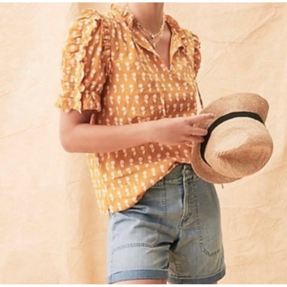 J. Crew Ruffle Sleeve‎ Cotton Voile Top Floating Sunflowers Golden Yellow Sz XS